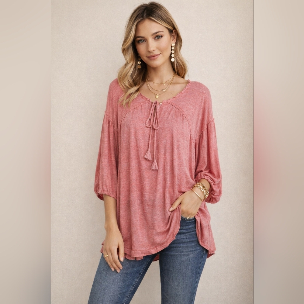 We The Free Linen Blend Women's XS Coral Pink Boho Peasant Top Flowy Tie Neck